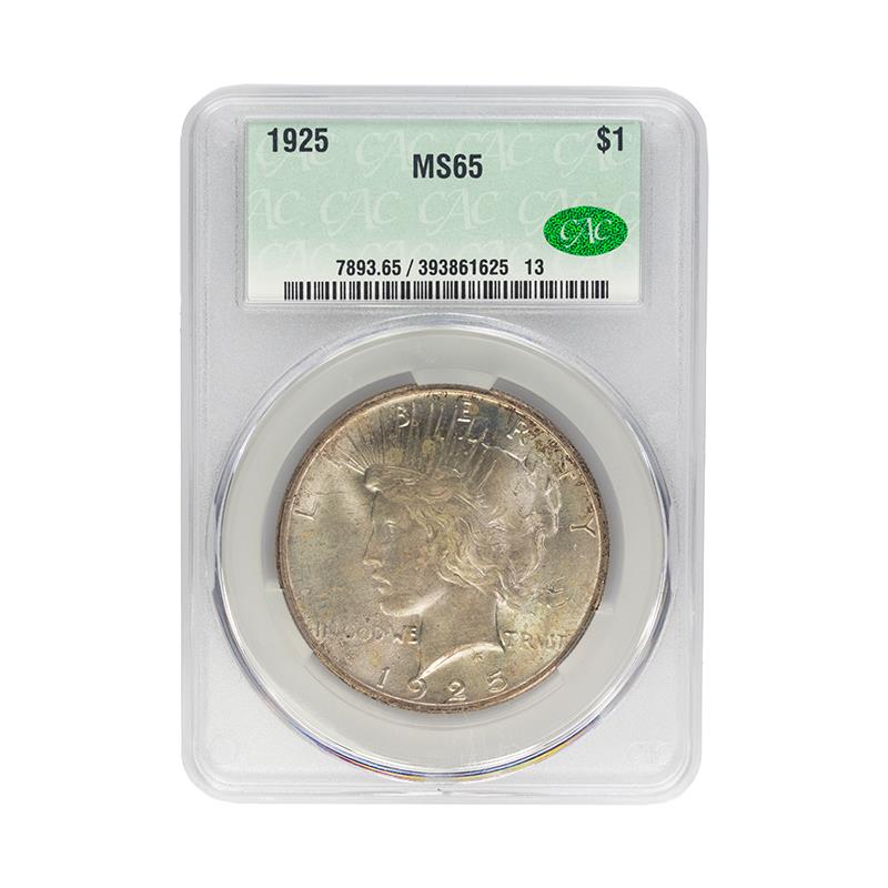 1925 Peace Dollar $1 CACG MS 65, CAC Certified Green