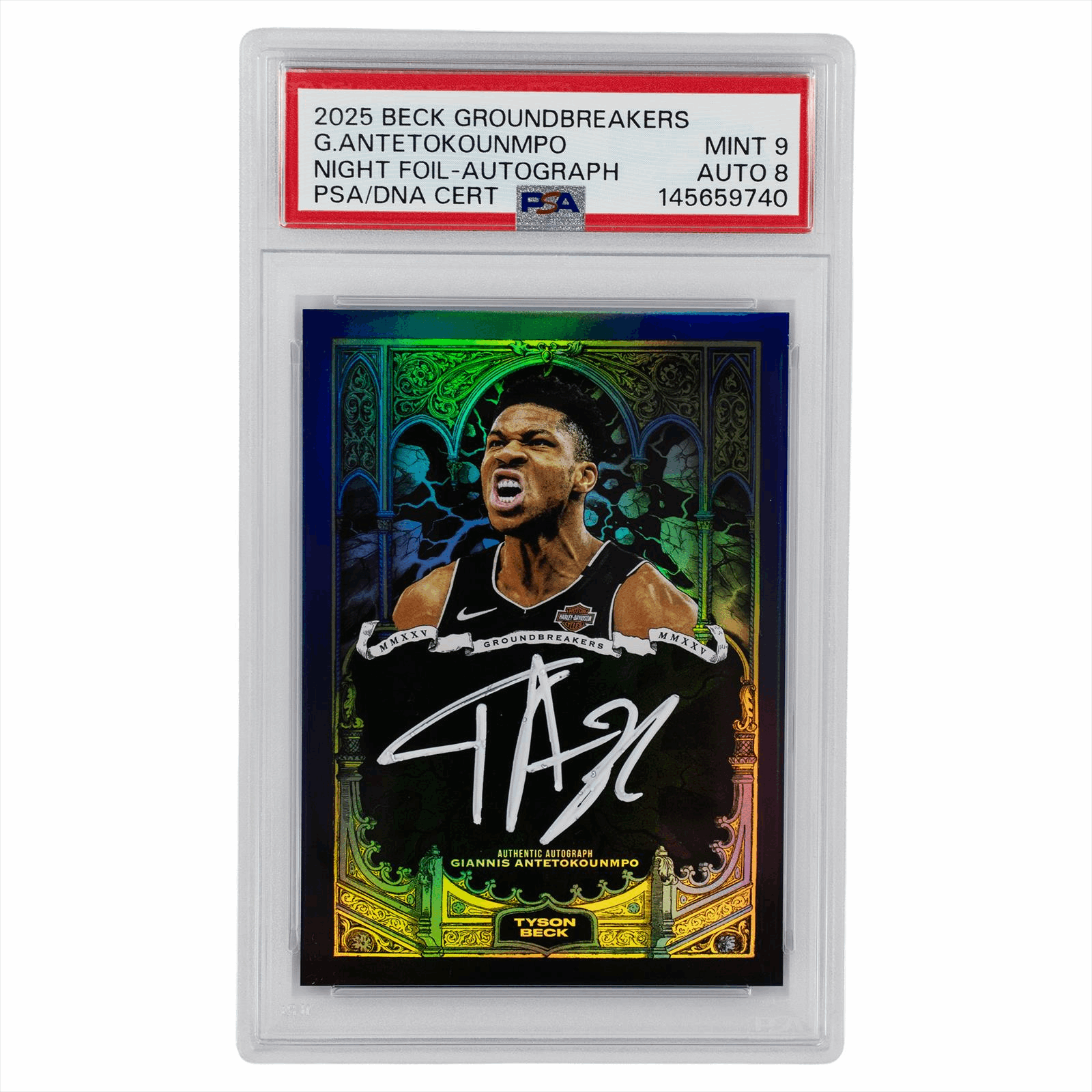 2025 BECK GROUNDBREAKERS G. ANTETOKOUNMPO NIGHT FOIL-AUTOGRAPH PSA/DNA CERT MINT 9 AUTO 8 