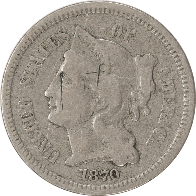 1870 Three Cent Nickel, 3CN Circulated Very Fine - Crusty Original