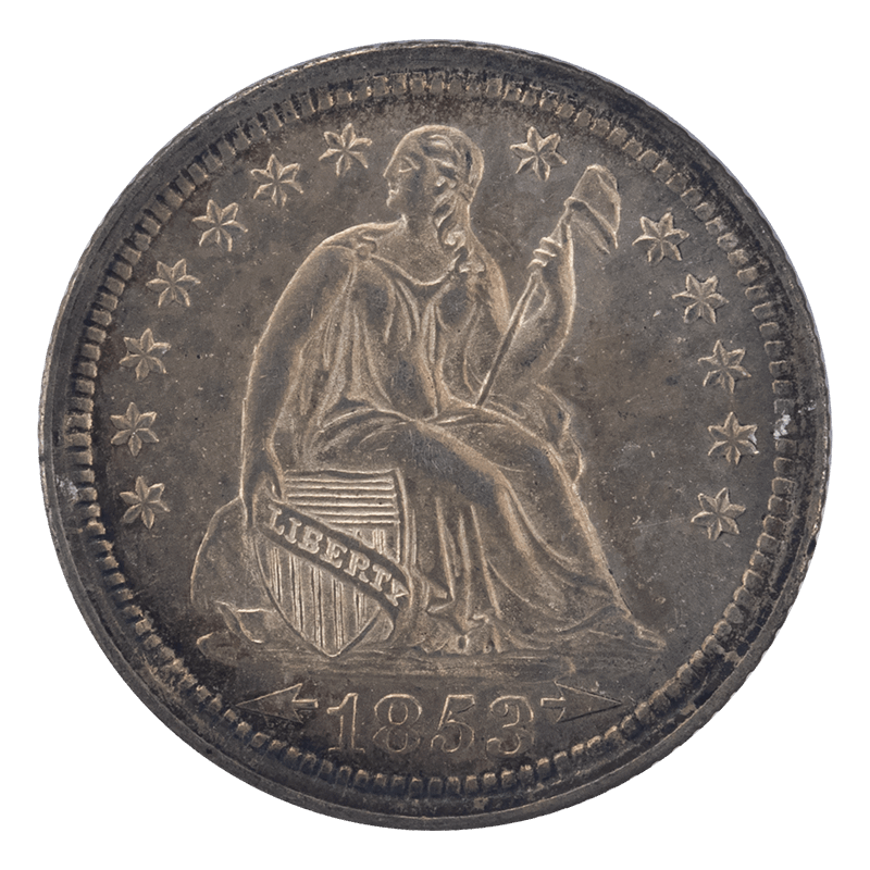 1853  Arrows Seated Liberty H10c, Raw  Circulated, Almost Uncirculated - Nice Rim Toning