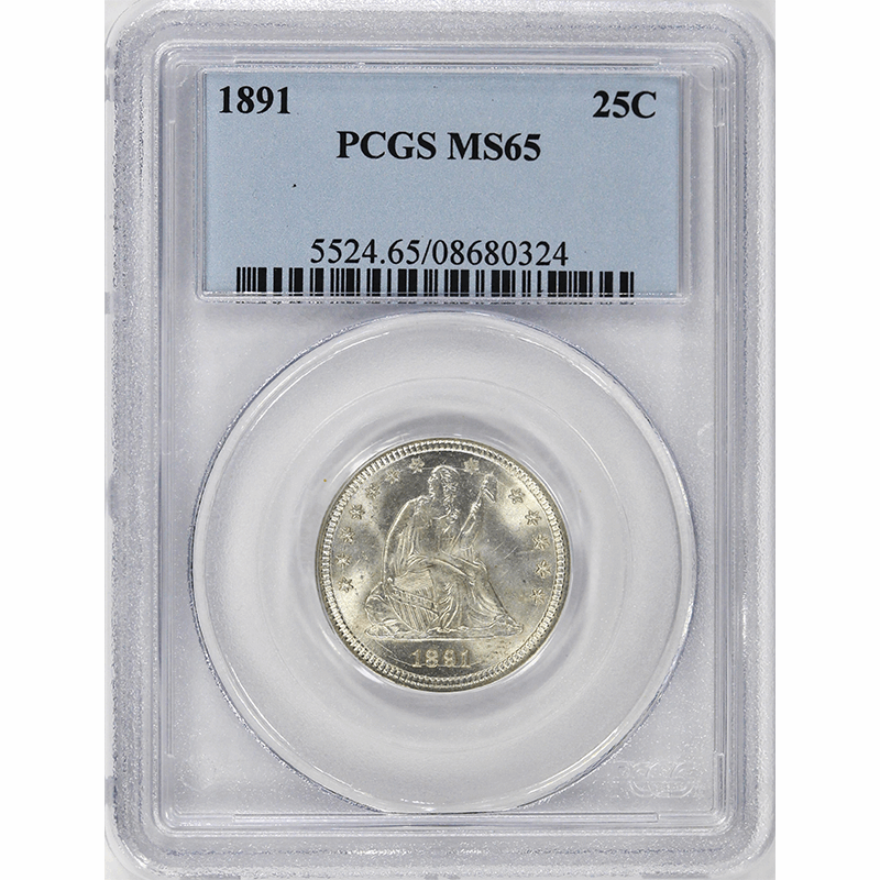 1891 25c Seated Liberty Quarter - PCGS MS65 - Gorgeous Blast White Coin