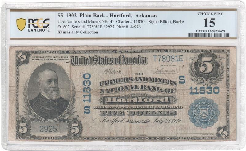 Fr. 607 $5 1902 Plain Back - Hartford, Arkansas 11830 PCGS 15 