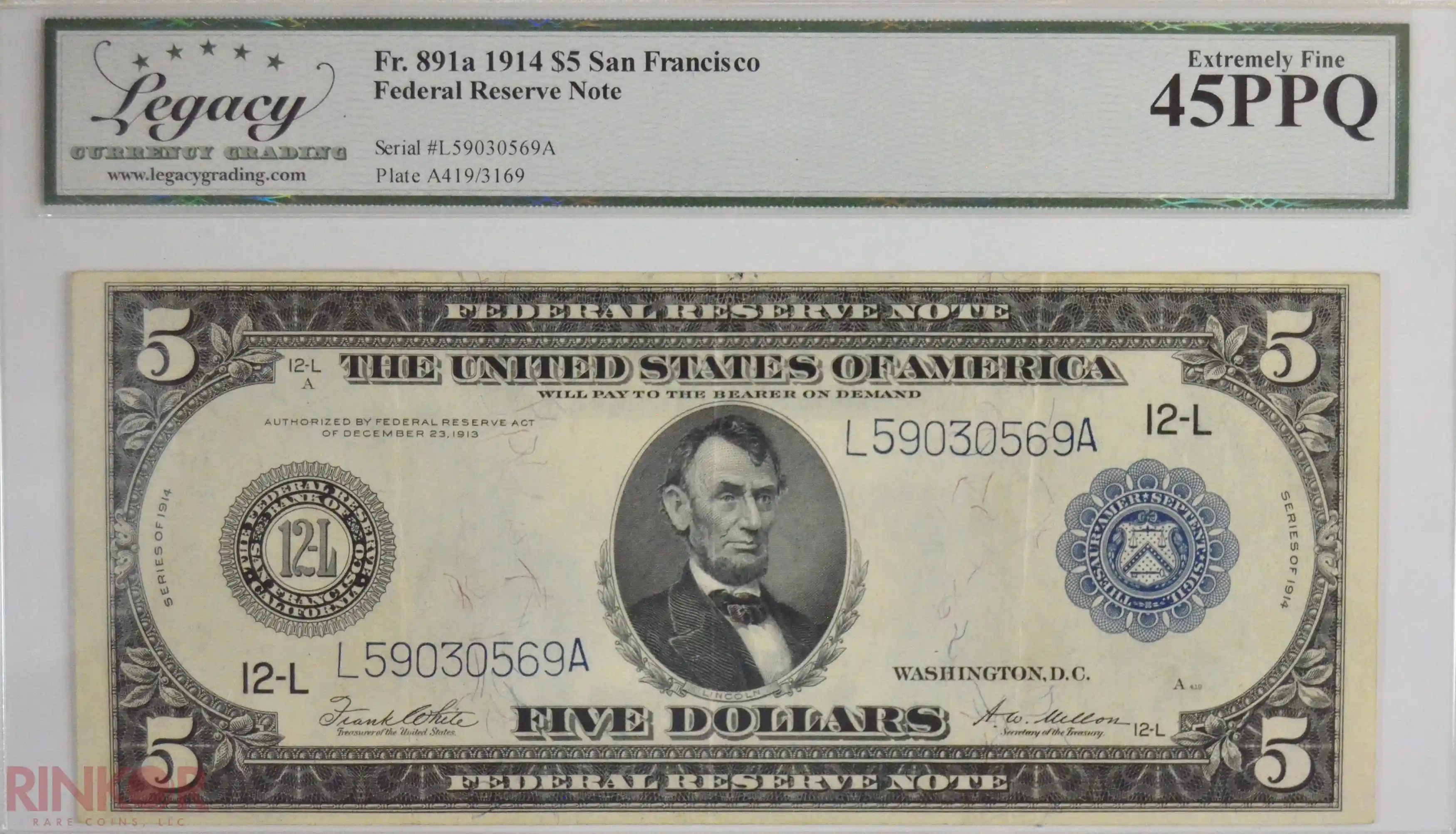 1914 $5 Fr. 891a San Francisco Federal Reserve Note LCG XF-45 PPQ