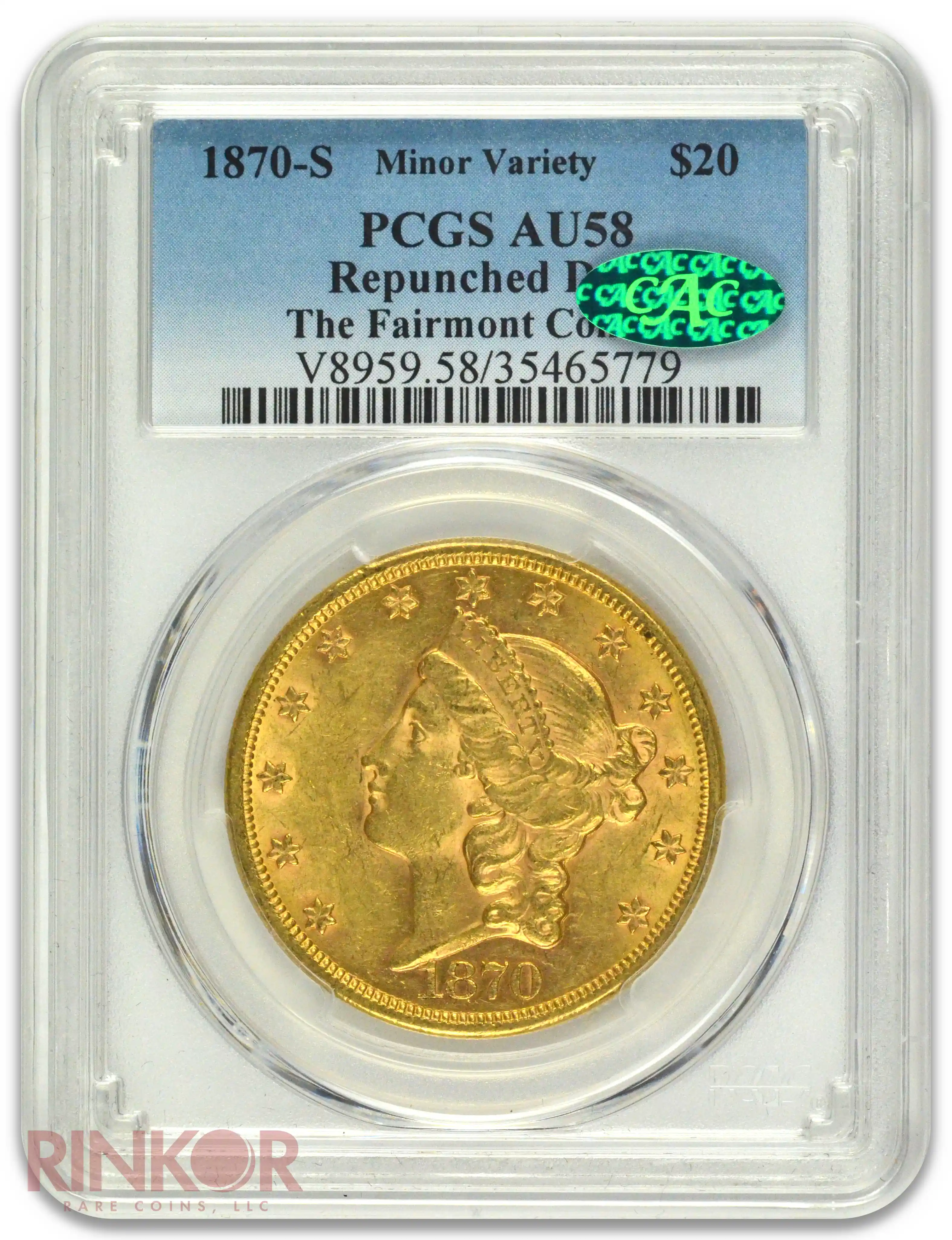 1870-S $20 Liberty Repunched Date PCGS AU-58 CAC