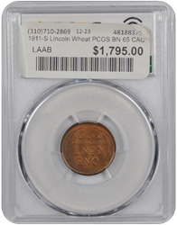 1911-S Lincoln PCGS CAC BN 65 