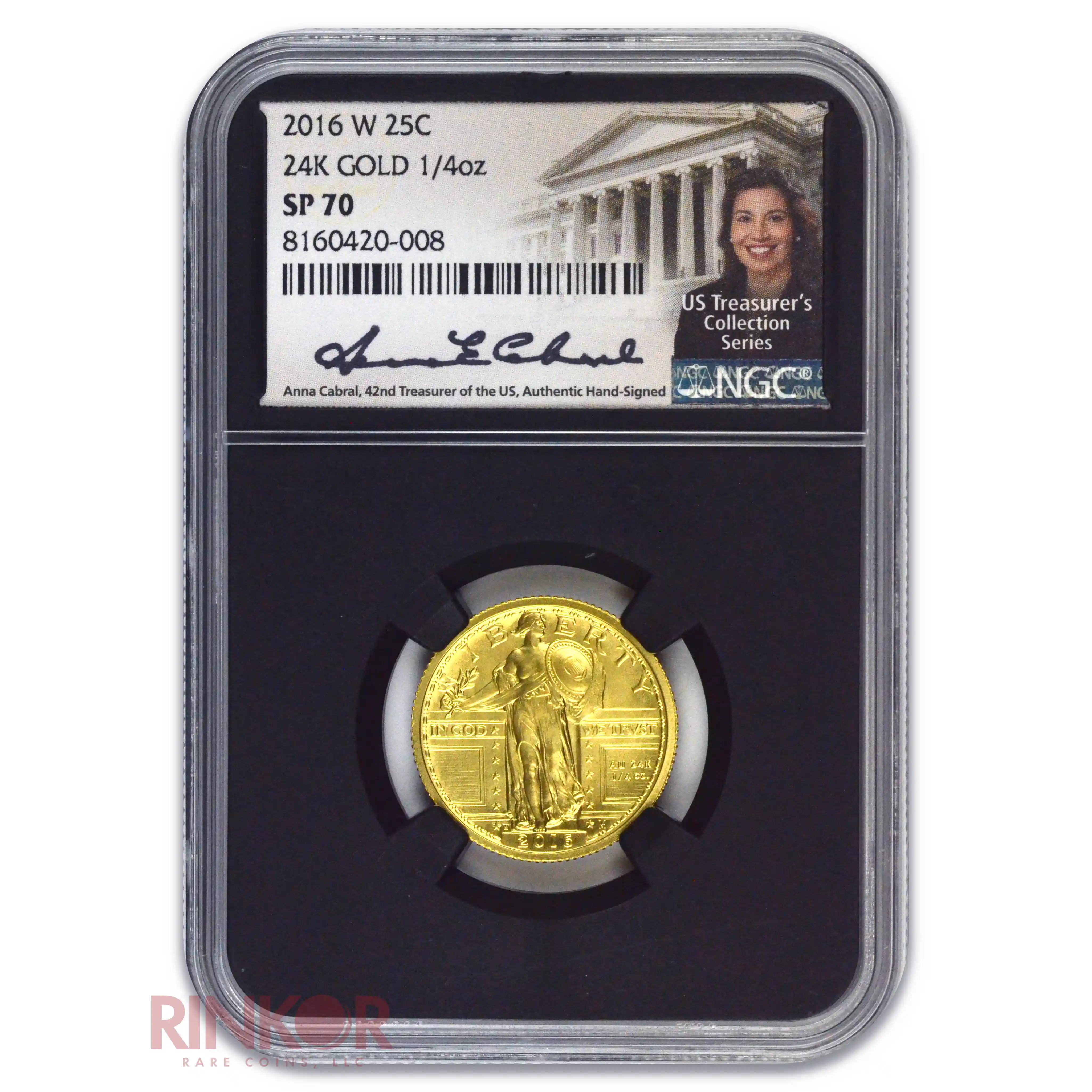 2016-W 1/4oz Gold Standing Liberty Quarter Centennial Anna Cabral Signature NGC SP 70