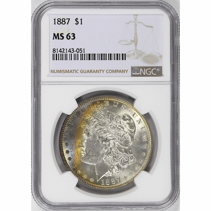 1887 $1 Morgan Silver Dollar-  NGC MS63 - Lustrous, Obverse Color
