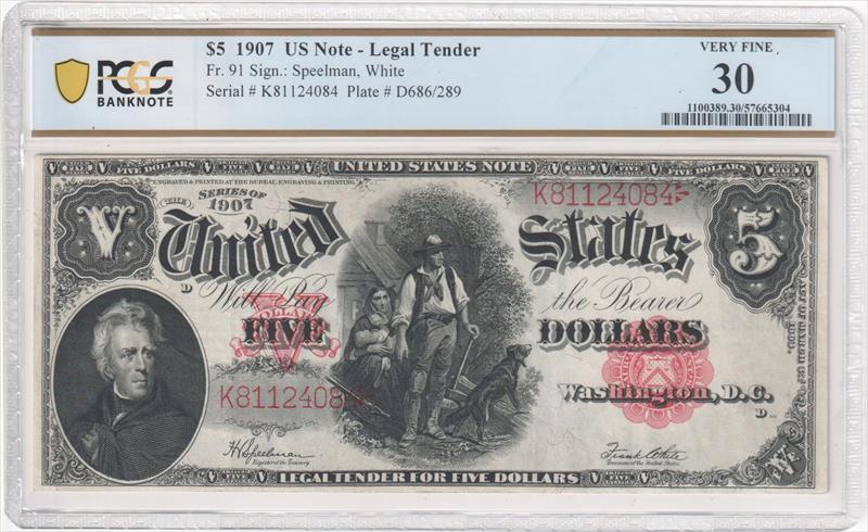 Fr. 91 1907 $5 Legal Tender Woodchopper PCGS VF30 