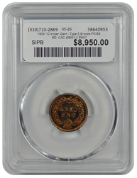 1903 1C Indian Cent - Type 3 Bronze PCGS RD  CAC #3651-2 PR67