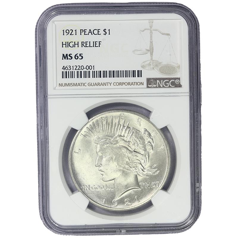 1921 $1 Peace DollarHigh Relief, Peace NGC MS 65 - Great White Lustrous Coin 