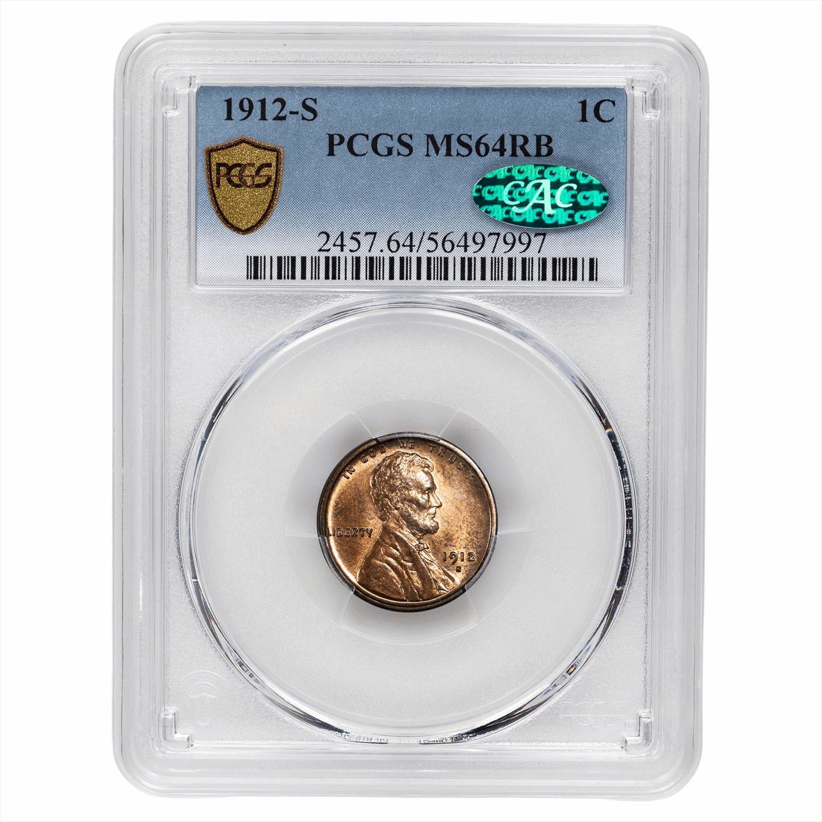 1912-S Lincoln Wheat Cent 1C PCGS MS 64 RB CAC