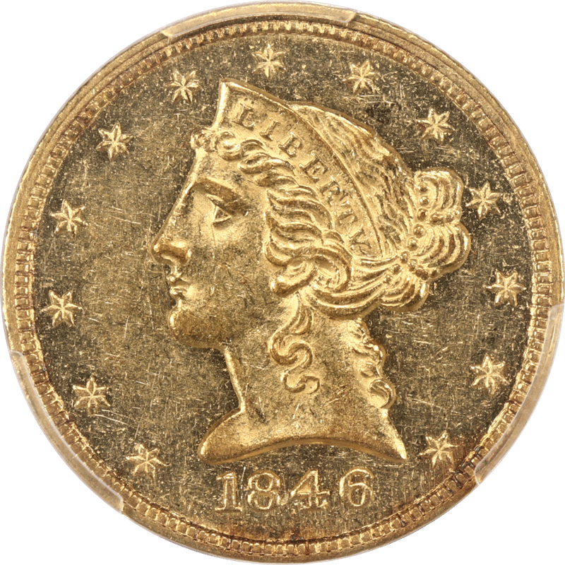 1846 Liberty $5 Gold Half Eagle, PCGS  AU58+ CAC - Small Date, PL Surfaces 