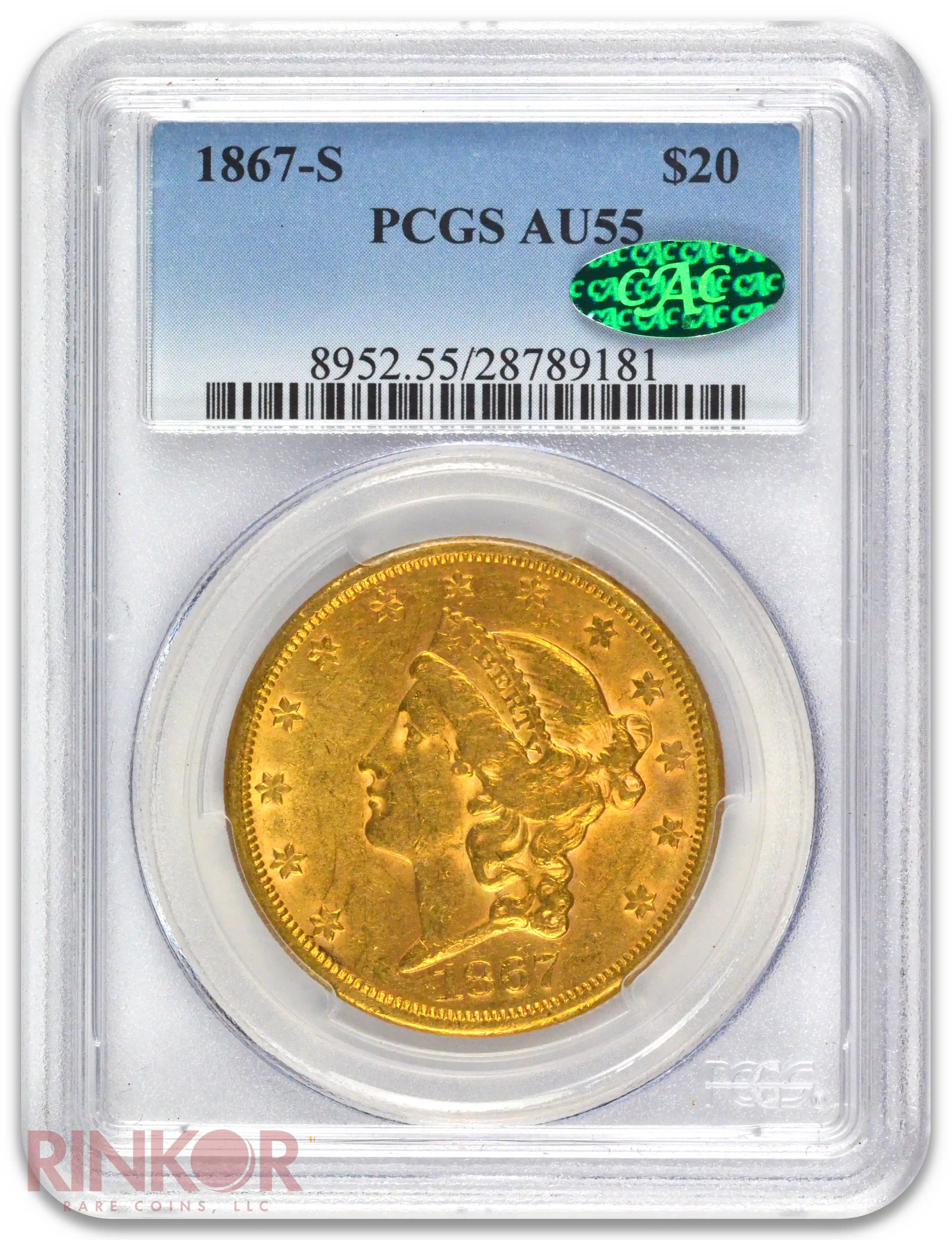 1867-S $20 Liberty PCGS AU-55 CAC