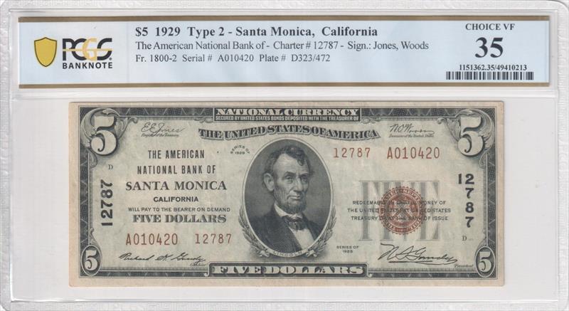 Fr. 1800-2 1929 $5 National Bank of Santa Monica #12787 Type 2 PCGS VF35 