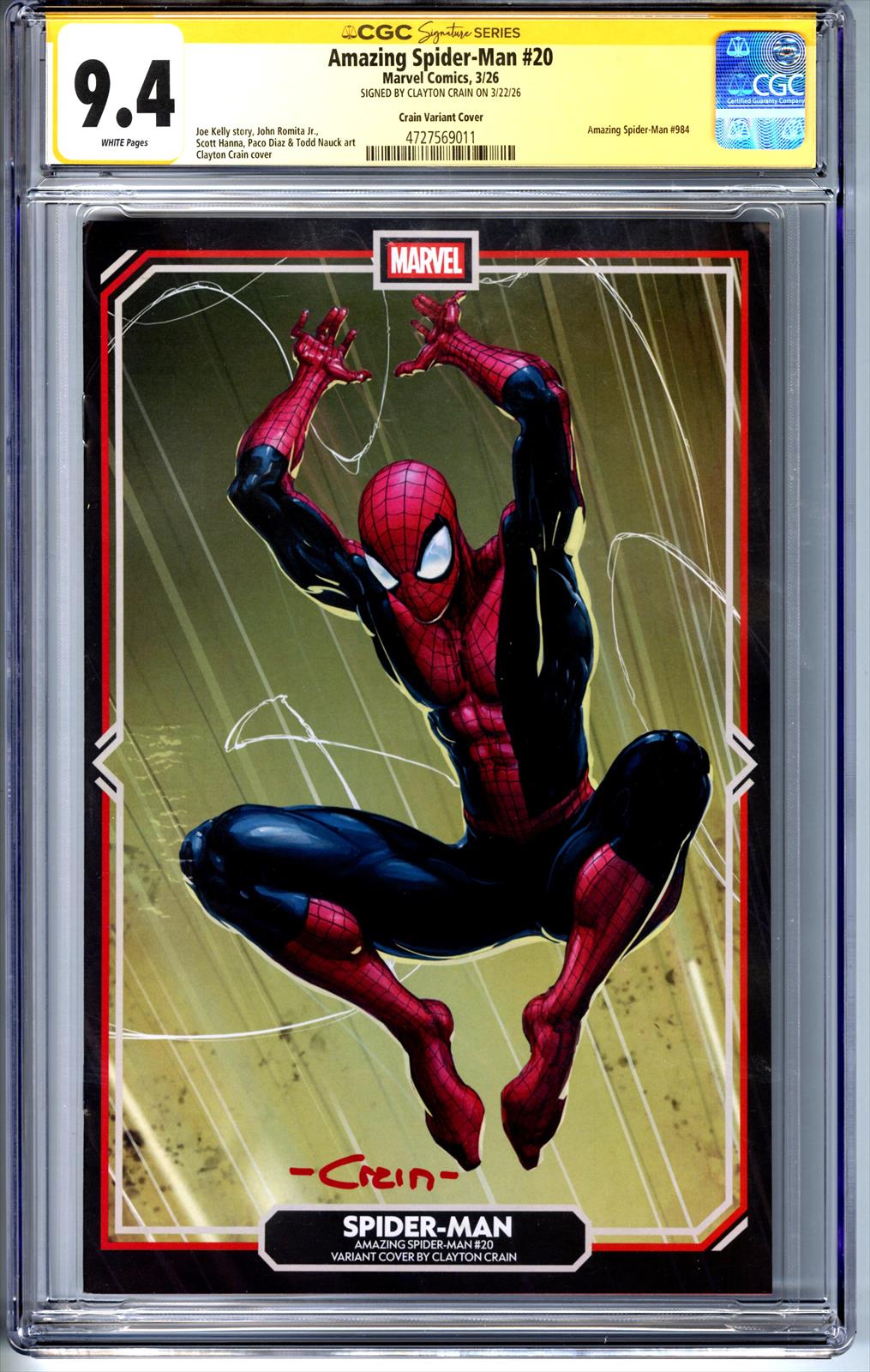 Amazing Spider-Man #20 Marvel Comics 3/26 Signed by Clayton Crain CGC 9.4