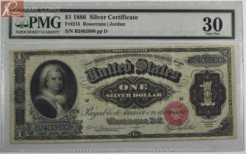 1886 $1 Fr. 215 Silver Certificate PMG VF-30