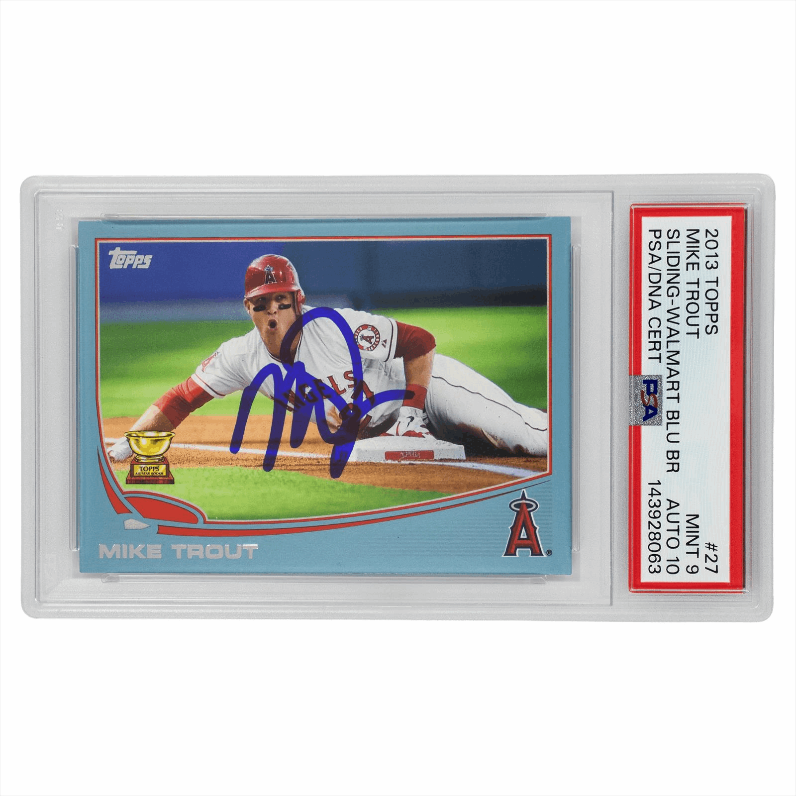 2013 Topps Mike Trout Sliding-Walmart Blue BR #27 PSA/DNA PSA MINT 9 AUTO 10