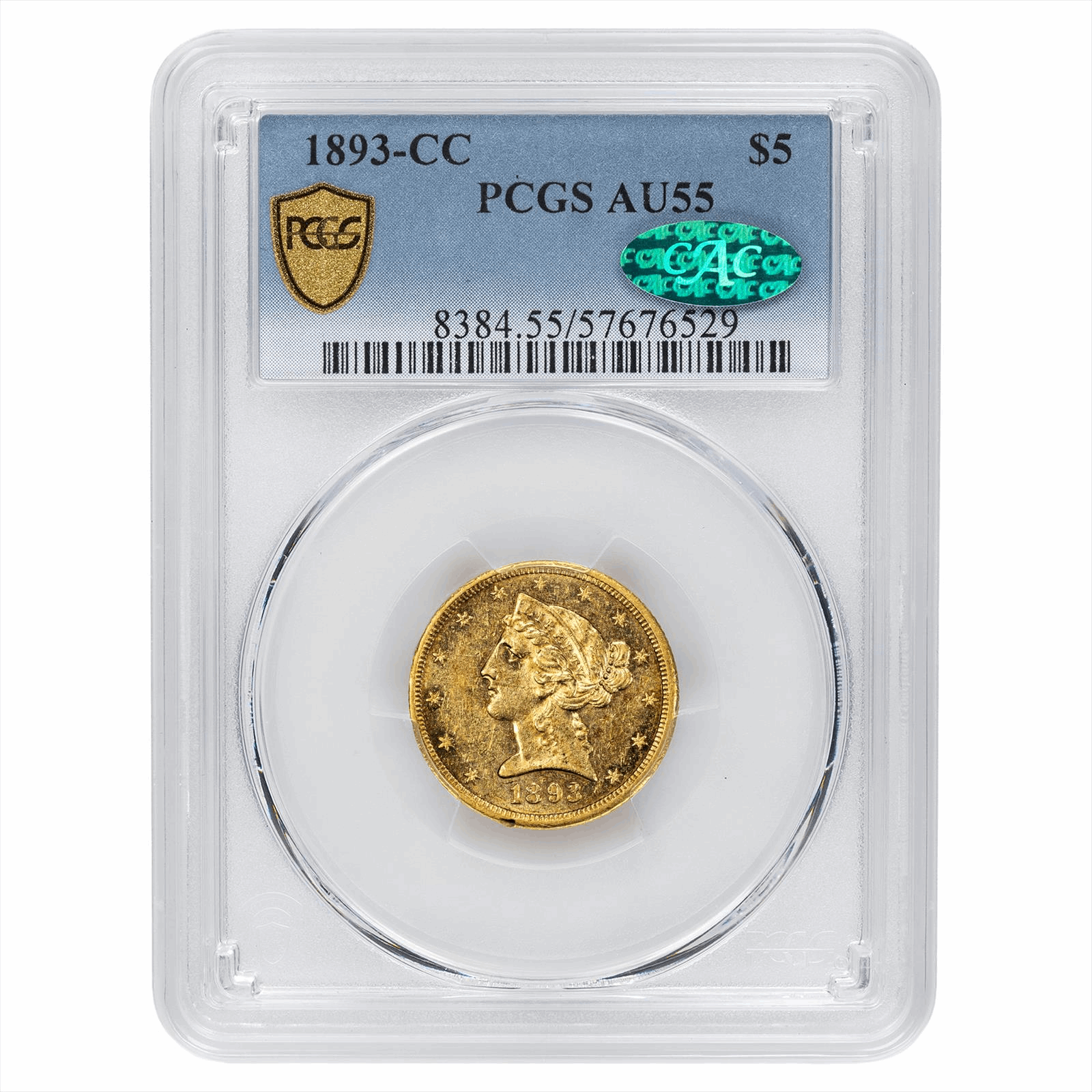 1893-CC Liberty Head Gold Half Eagle $5 PCGS AU 55 CAC