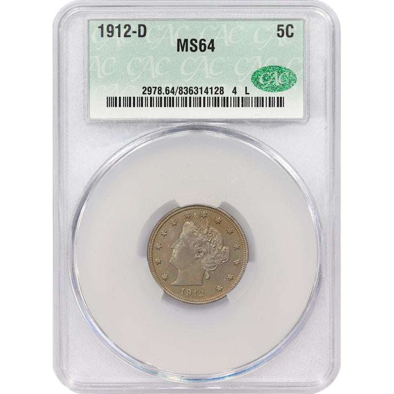 1912-D 5c Liberty V Nickel - CACG MS64 - Great COLOR!