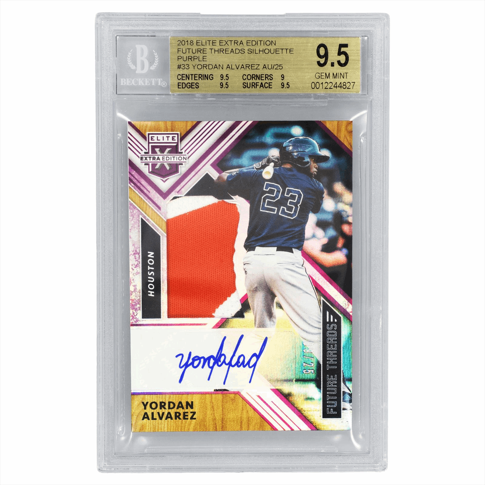 2018 ELITE EXTRA EDITION FUTURE THREADS SILHOUETTE PURPLE #33 YORDAN ALVAREZ AU/25 BGS GEM MINT 9.5 AUTO 10 