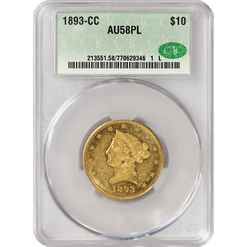 1893-CC Liberty $10 Gold Eagle,  CAC AU 58 PL - Low Mintage!