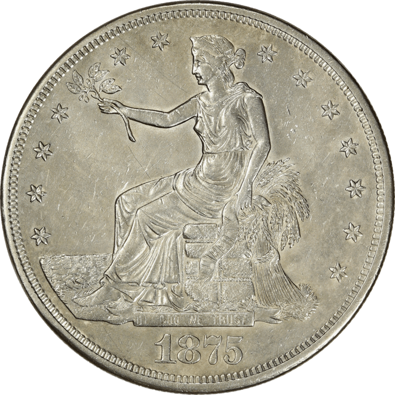 1875-CC Silver Trade Dollar $1, Circulated, About Uncirculated
