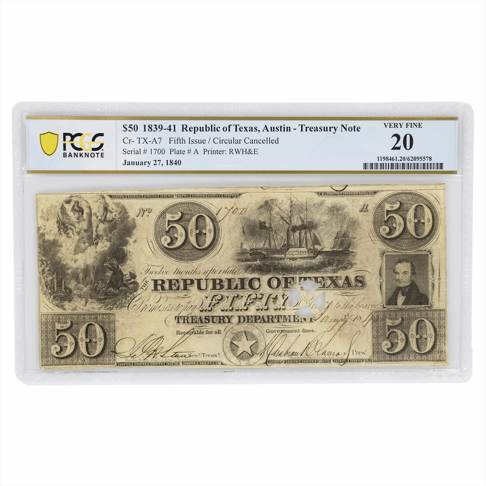 1840 Republic of Texas $50 Austin Red Back Treasury Note PCGS VF 20