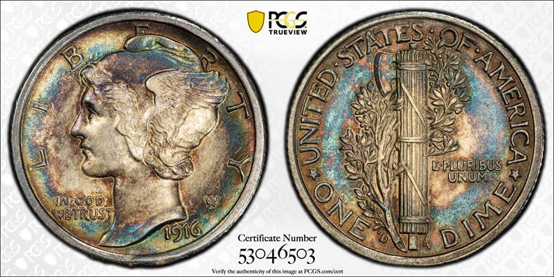 1916-D 10C PCGS AU 58 FB