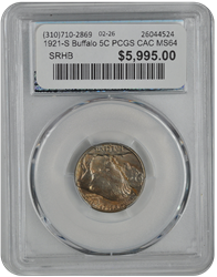 1921-S Buffalo 5C PCGS CAC MS64