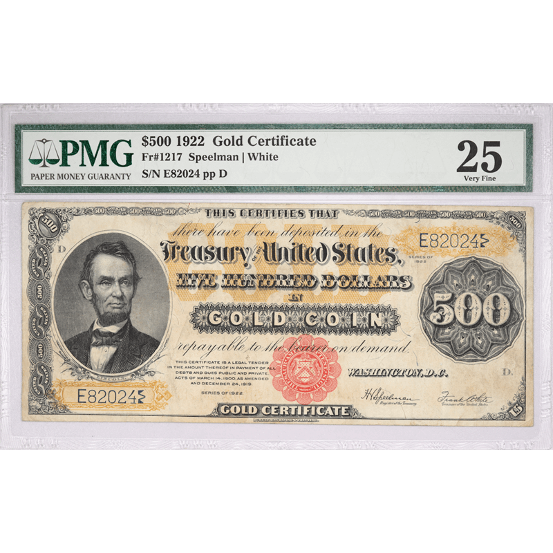 Fr. 1217 1922 $500 Gold Certificate, PMG  25 Very Fine - Very Nice Note