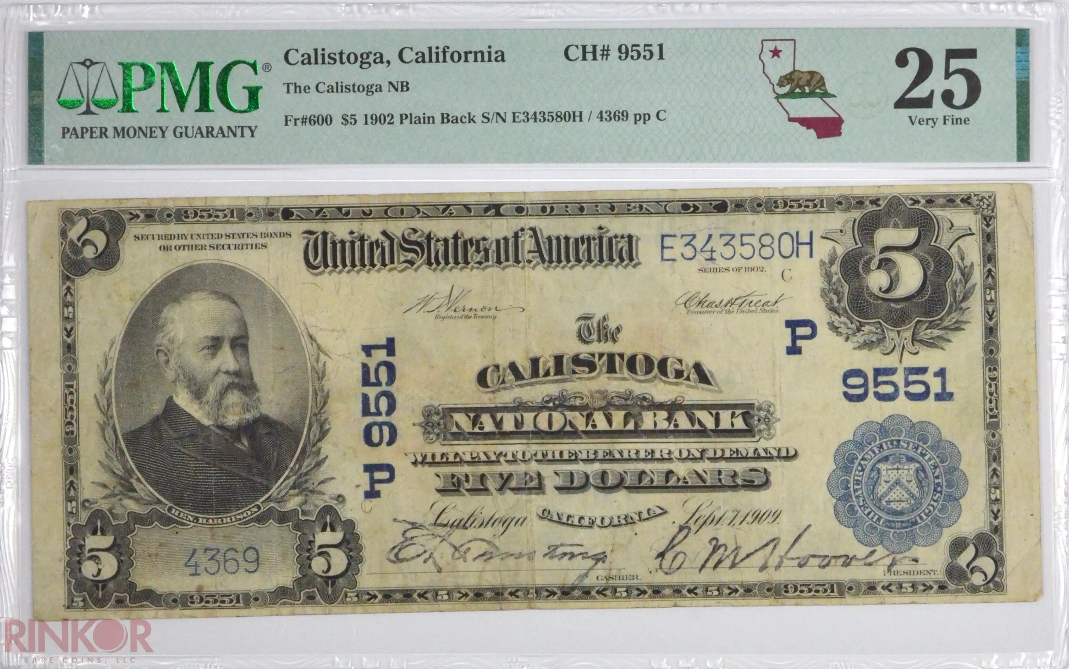 1902 Plain Back $5 Fr. 600 Charter #9551 National Bank Note PMG VF-25