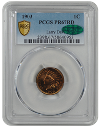 1903 1C Indian Cent - Type 3 Bronze PCGS RD  CAC #3651-2 PR67