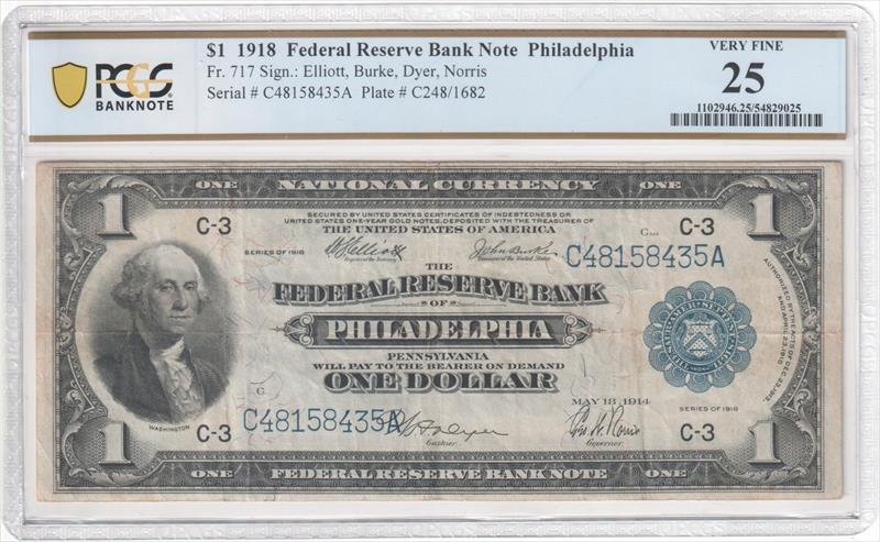 Fr. 717 1918 $1 Federal Reserve BN Philadelphia PCGS VF25