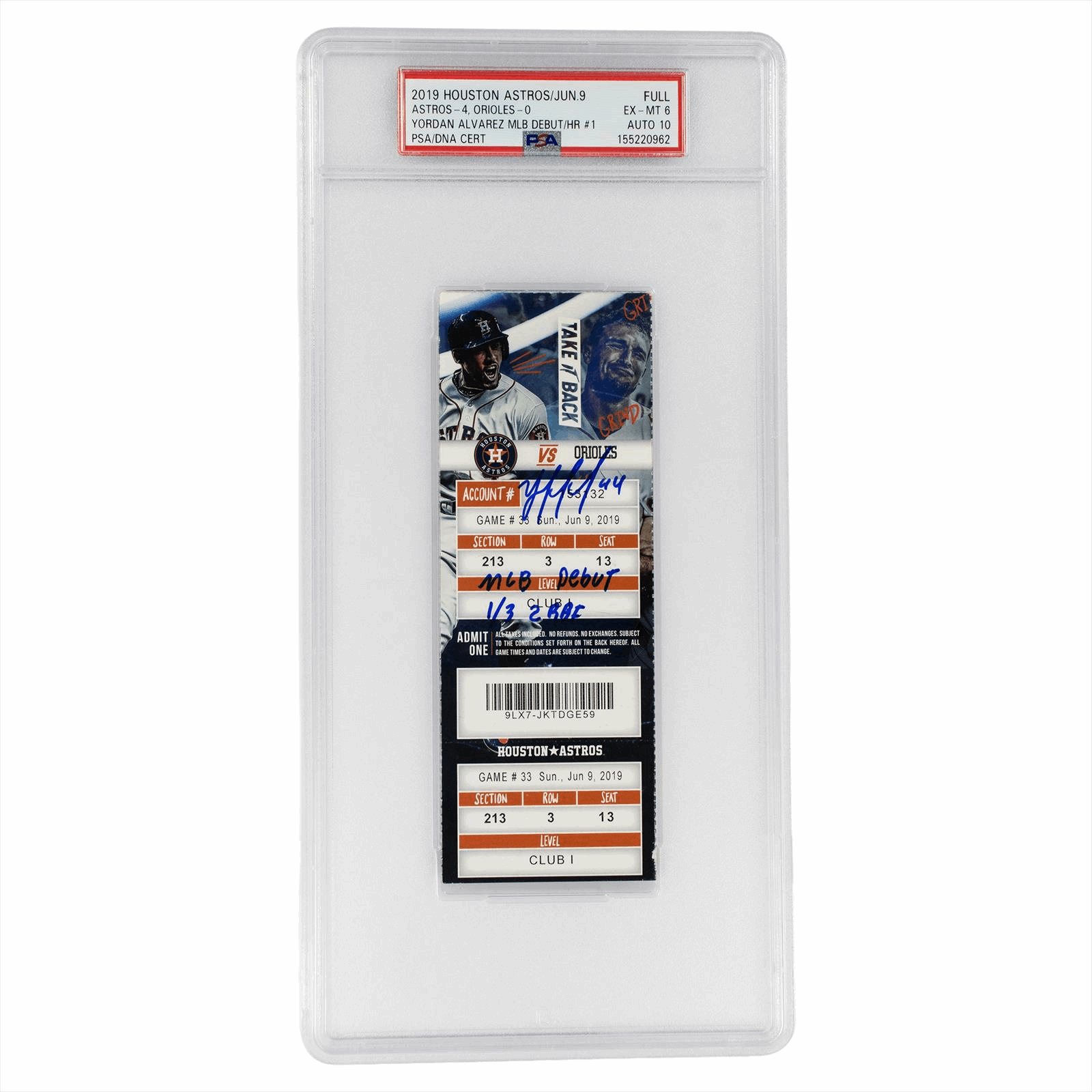 2019 Astros/JUN.9 HOU-4, BAL-0 Yordan Alvarez MLB Debut/HR #1 PSA/DNA FULL EX-MT 6 AUTO 10