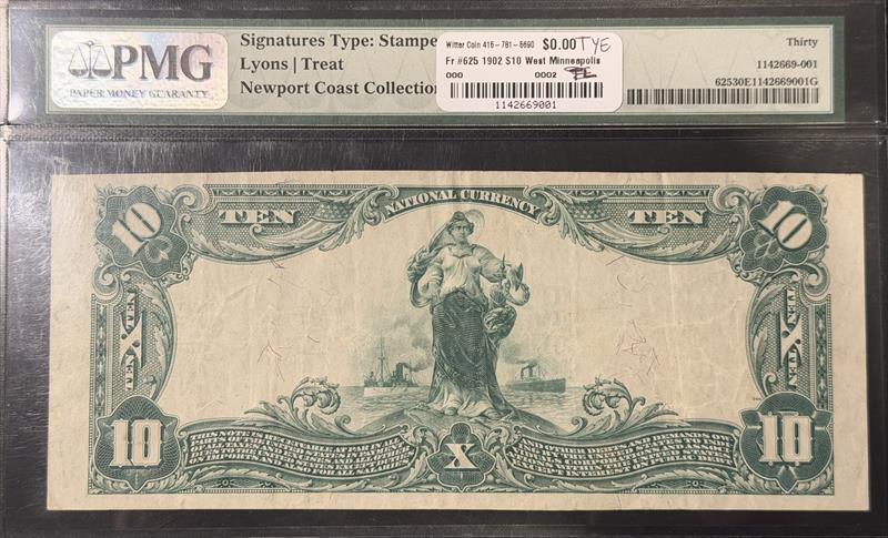 Fr. 625 1902 $10 West Minneapolis 7958 Plain Back PMG 30 EPQ 
