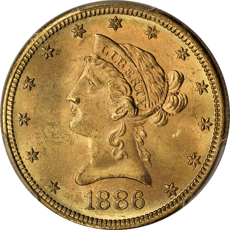 1886-S Liberty Head $10, PCGS MS 63 + CAC, Lustrous