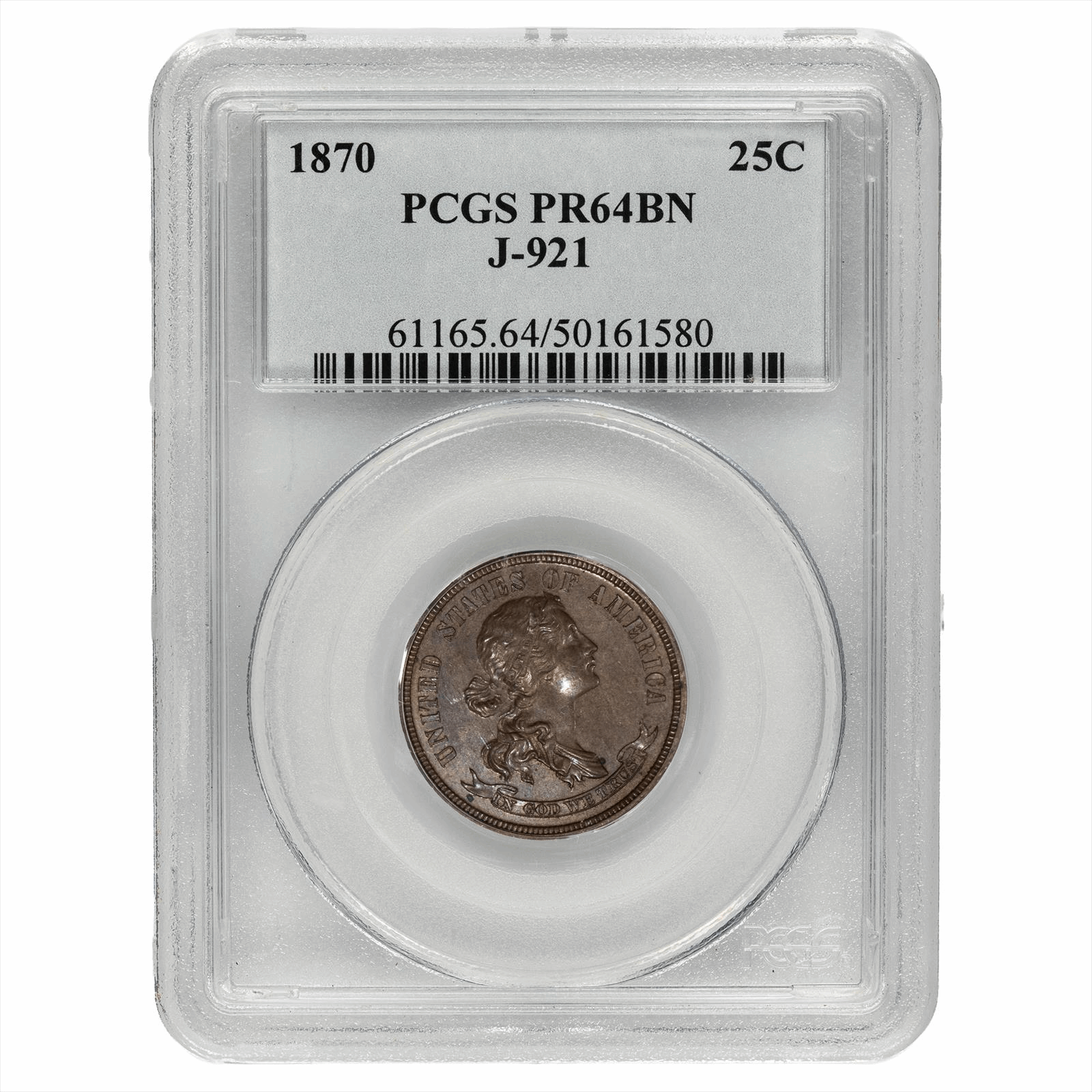 1870 Pattern J-921 Quarter 25C PCGS  PR 64 BN