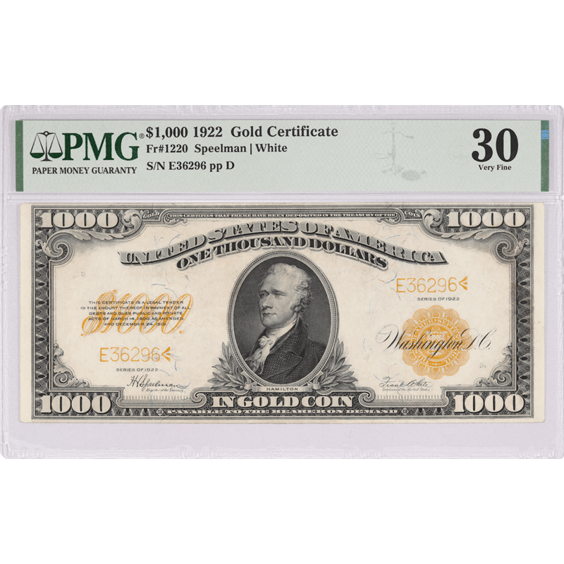 1922 Gold Certificate, $1000, Fr. 1220, PMG Very Fine 30 - Nice Color