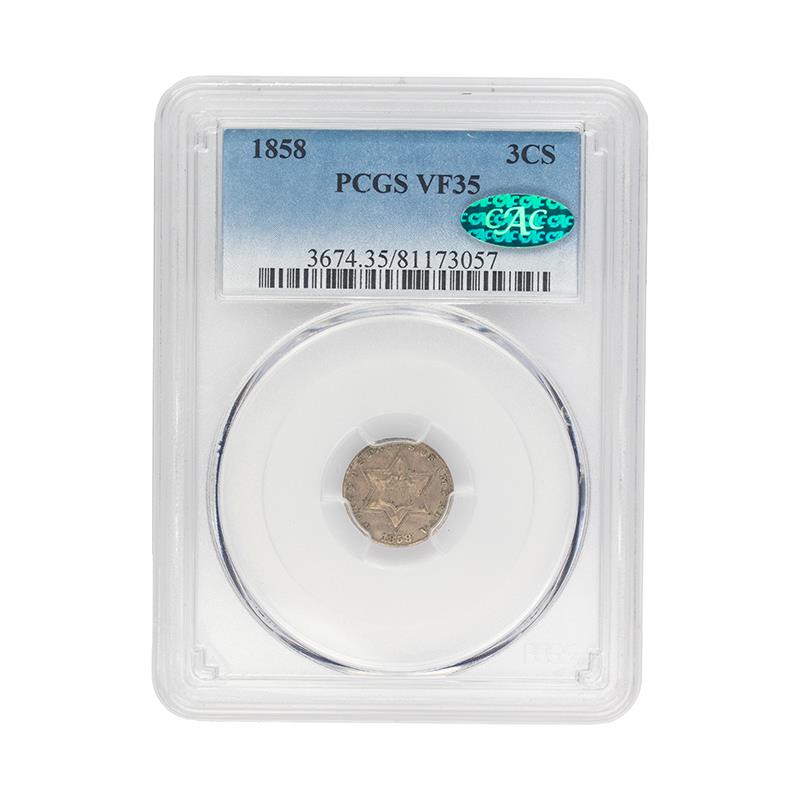 1858 Three Cent Silver, 3CS PCGS VF-35 CAC - Nice Type Coin