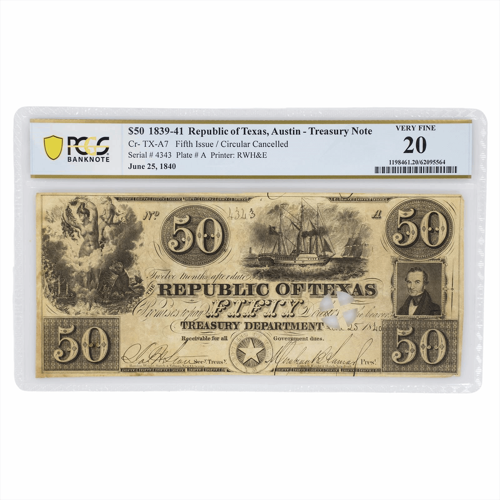 1839-41 $50 Republic of Texas, Austin Treasury Note PCGS VF 20