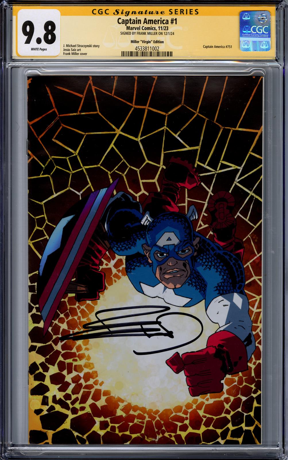 Captain America #1 CGC Signature Series 9.8 (Marvel, 2023) Signed by Frank Miller 
