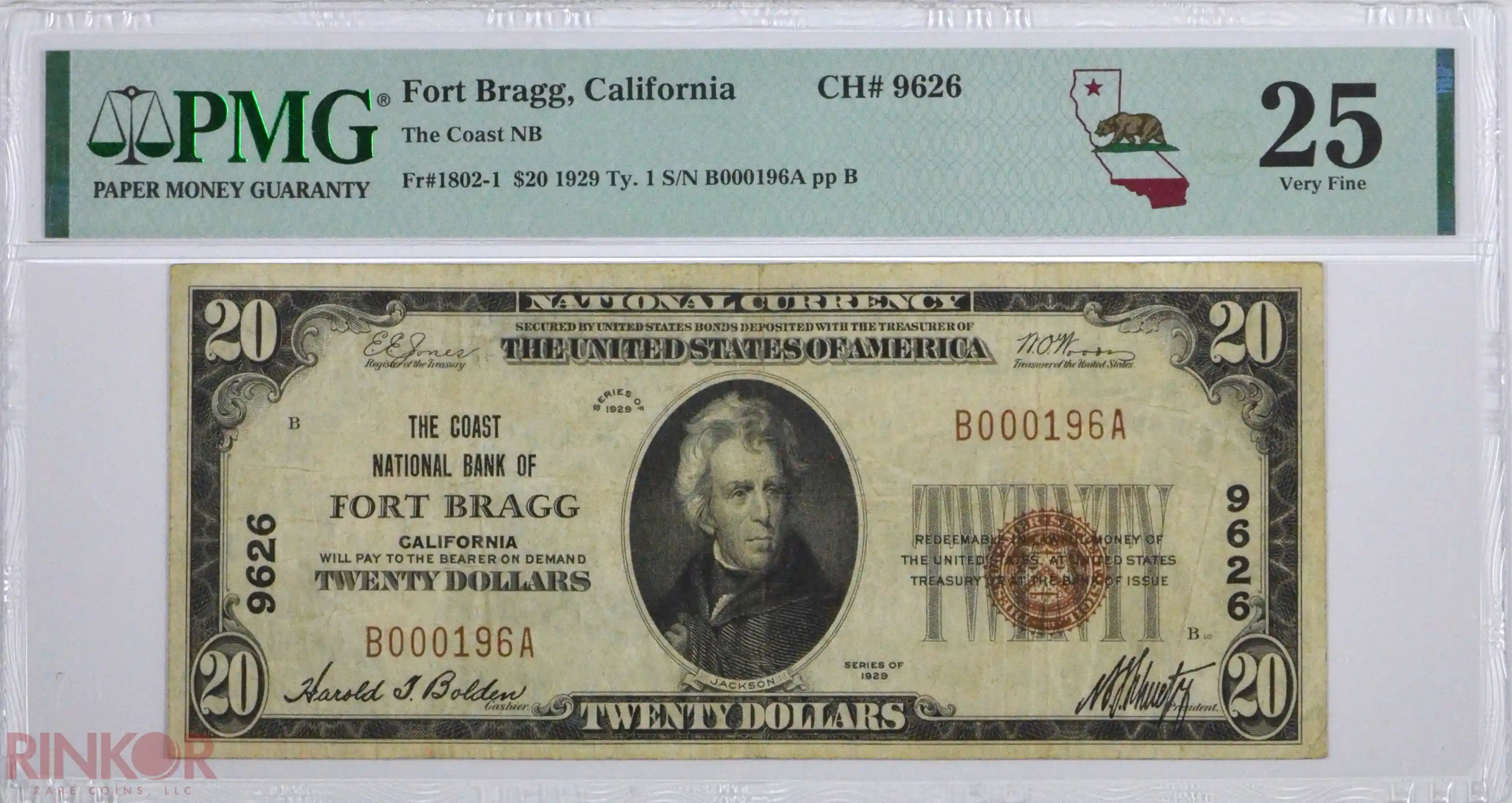 1929 Type 1 $20 Fr. 1802-1 Charter #9626 National Currency LCG VF-25