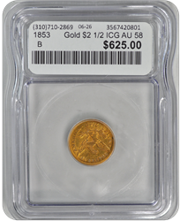 1853 	Gold $2 1/2 ICG AU 58