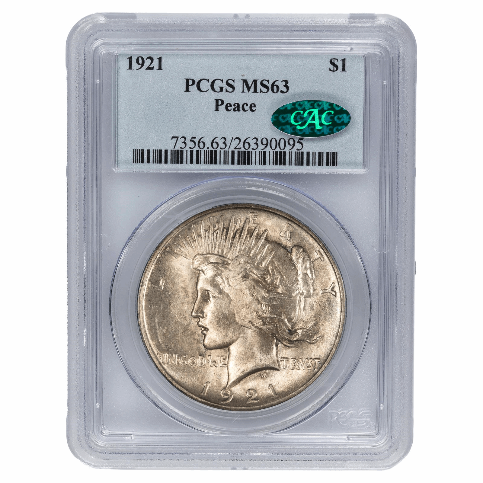 1921 High Relief Silver Peace Dollar S$1 PCGS MS 63 CAC