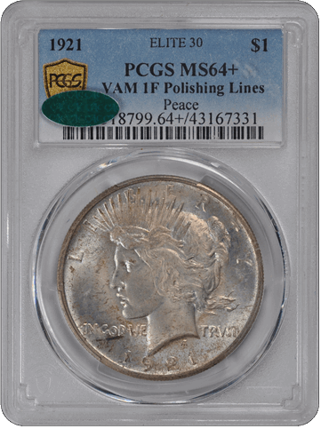 1921 $1 Peace Dollar - PCGS  (CAC) #3295-7 VAM 1F Proof polish lines. MS64+