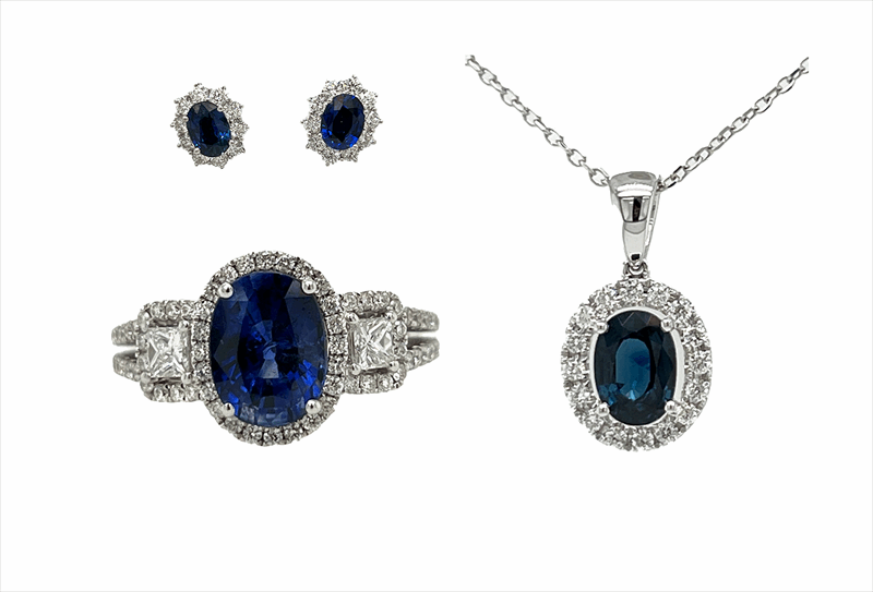 18k Diamond and Sapphire 3- piece set Ring, Pendant, and Earrings 