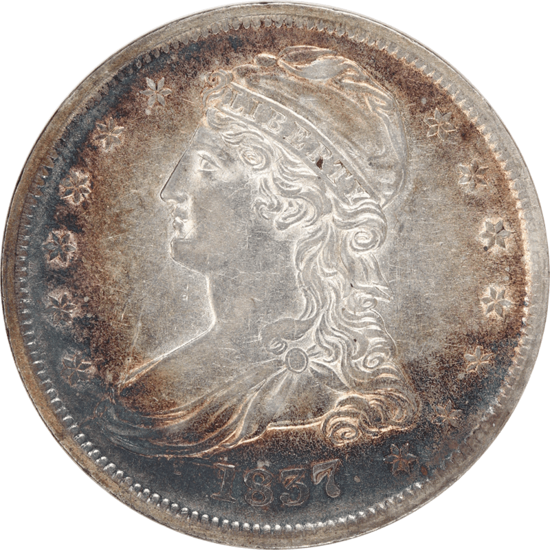 1837  Capped Half Dollar, Reeded Edge, 50c Choice Almost Uncirculated - Nice and Original