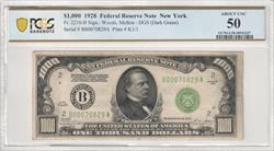 Fr. 2210-B 1928 $1,000 Federal Reserve Note DGS (Dark Green) New York PCGS AU50 