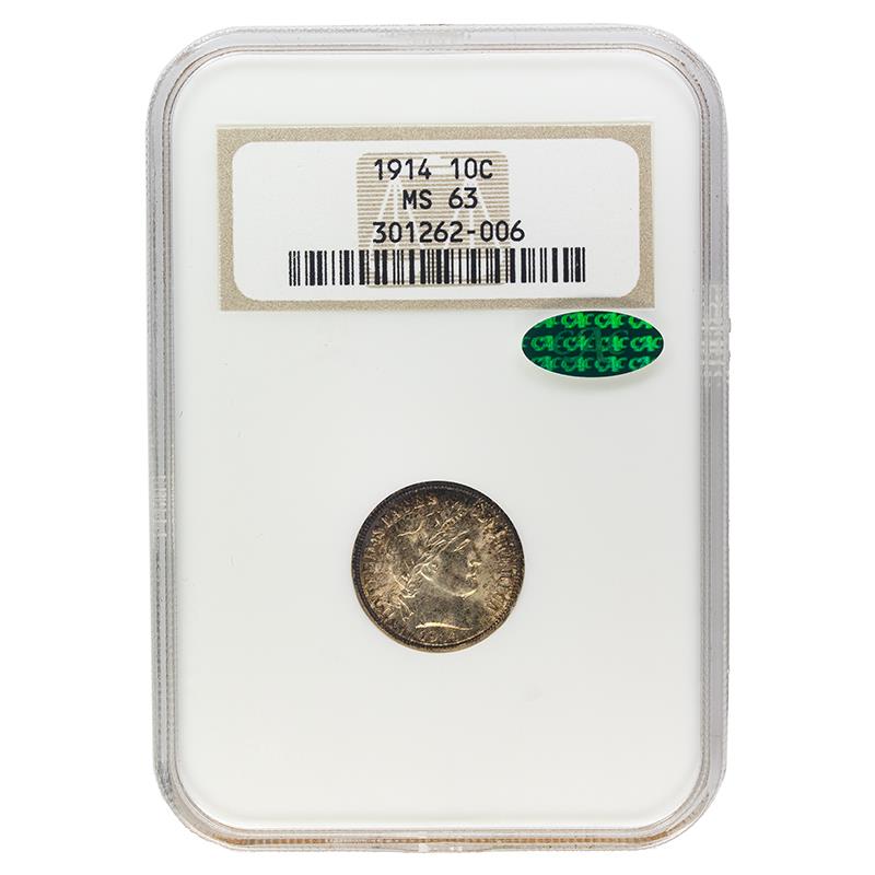 1914 Barber Dime, 10C NGC  MS63, CAC Certified