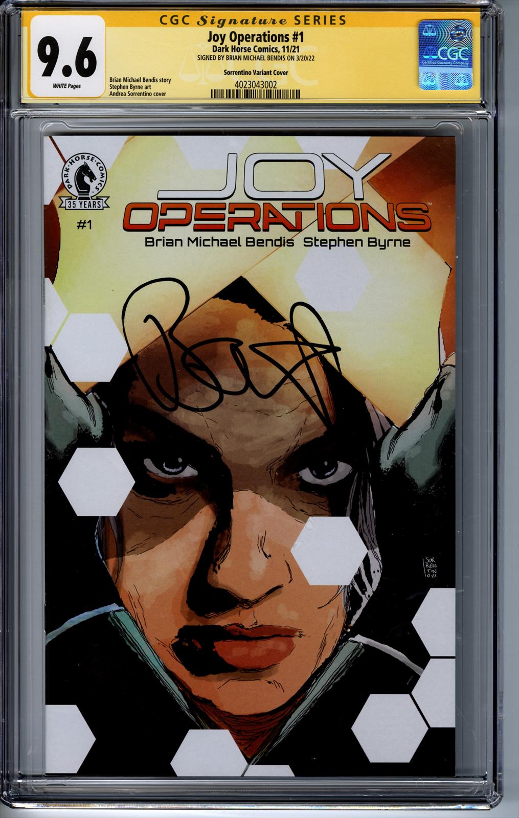 Joy Operations #1 Dark Horse Comics 11/21 Signed by Brian Michael Bendis CGC Signature Series ( Sorrentino Variant Cover) 9.6